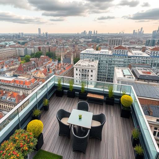 A beautifully landscaped rooftop terrace with panoramic views of London.