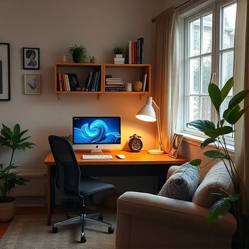 A cozy and well-lit home office space, ideal for remote work and productivity.