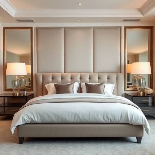 A luxurious bedroom featuring a king-size bed, plush bedding, and elegant bedside lamps.