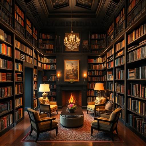 A sophisticated library with floor-to-ceiling bookshelves, creating a cozy reading nook.