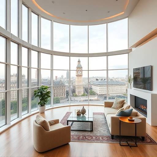A spacious living room with floor-to-ceiling windows offering stunning views of the London skyline.