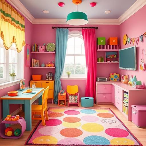 A vibrant and modern children's room with colorful decor and playful furniture.